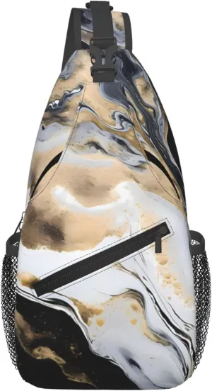 Black Golden Marble Sling Bag for Women Men, Abstract Texture Crossbody Sling Backpack, Shoulder Chest Pack for Travel Casual Hiking
