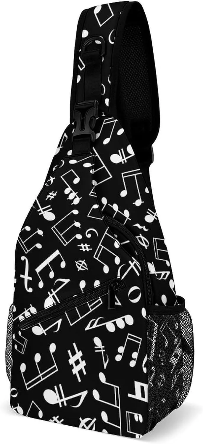 Black-white-musical-notation-pattern Sling Bag Crossbody Backpack for Men Women Chest Bag For Travel Hiking Cycling Camping