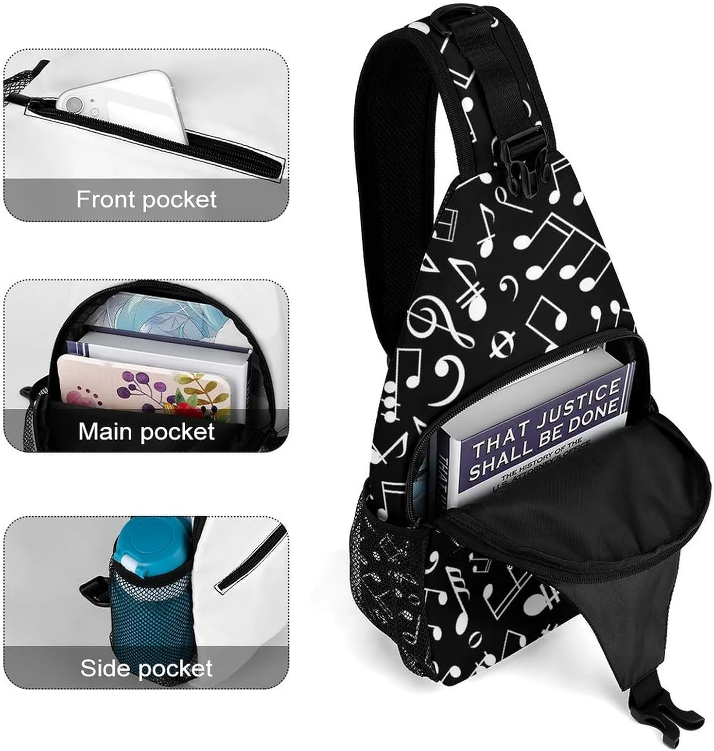 Black-white-musical-notation-pattern Sling Bag Crossbody Backpack for Men Women Chest Bag For Travel Hiking Cycling Camping