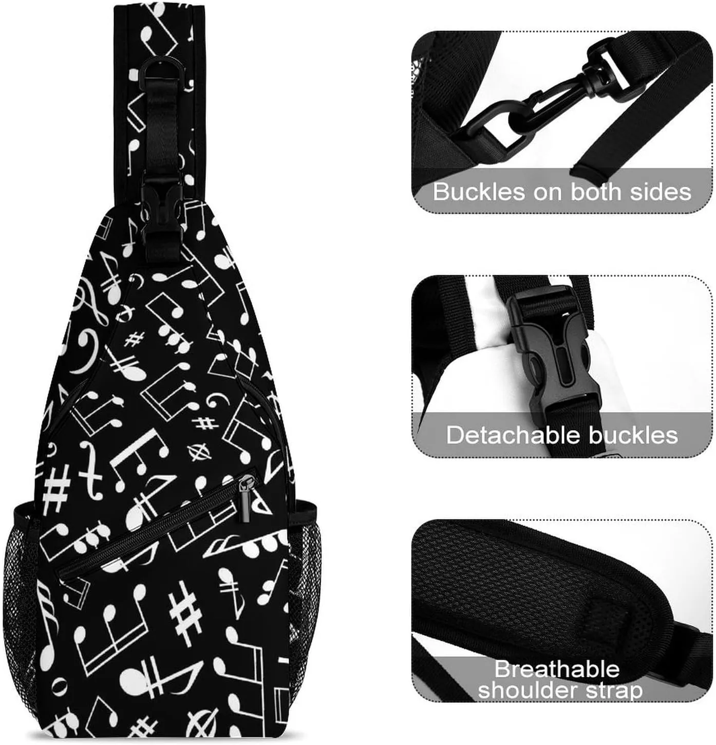 Black-white-musical-notation-pattern Sling Bag Crossbody Backpack for Men Women Chest Bag For Travel Hiking Cycling Camping