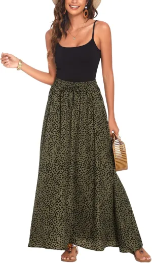 Bluetime Women Flowy Long Skirts Summer Beach Pleated Elastic High Waisted Casual Maxi Skirts