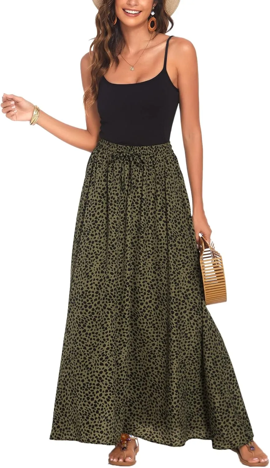 Bluetime Women Flowy Long Skirts Summer Beach Pleated Elastic High Waisted Casual Maxi Skirts