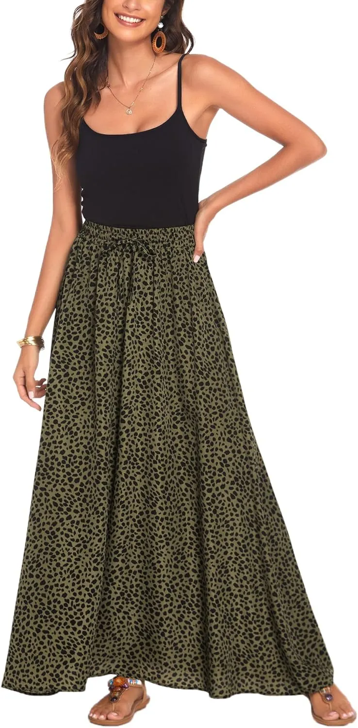 Bluetime Women Flowy Long Skirts Summer Beach Pleated Elastic High Waisted Casual Maxi Skirts