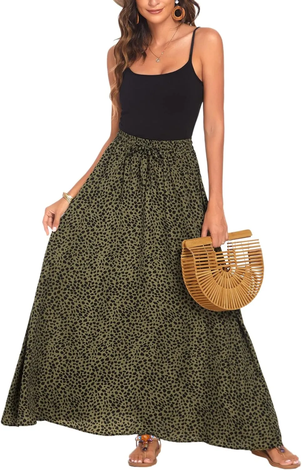 Bluetime Women Flowy Long Skirts Summer Beach Pleated Elastic High Waisted Casual Maxi Skirts