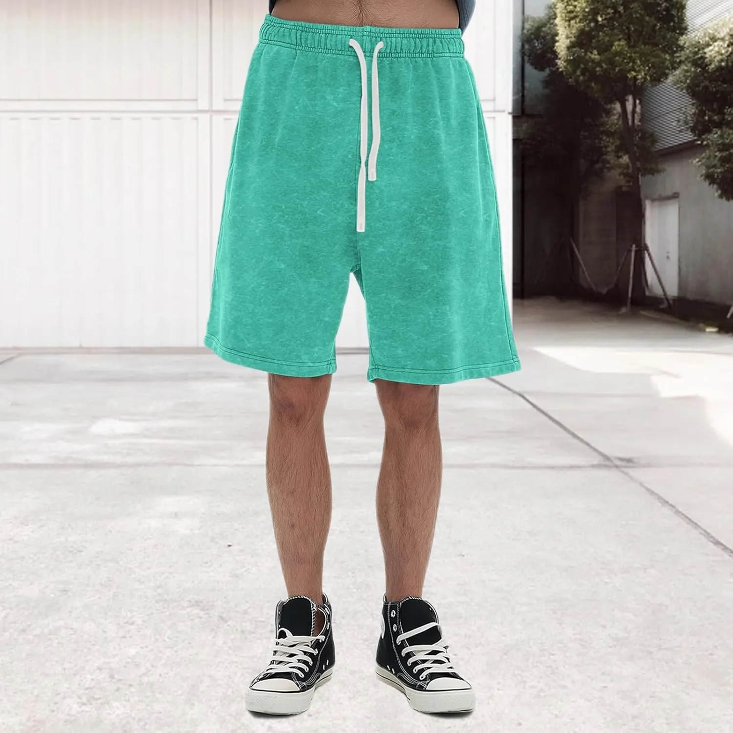 Bobeutou Mens Athletic Vintage Cotton Shorts Drawstring Summer Beach Elastic Waist Streetwear Baggy Gym Shorts with Pockets
