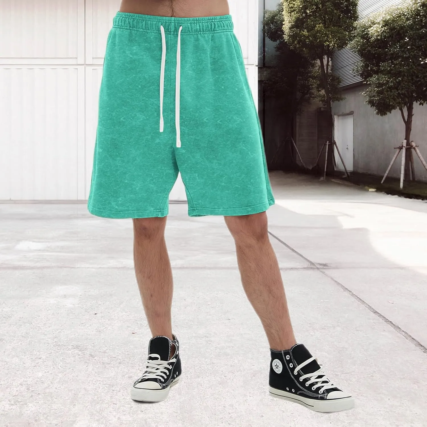 Bobeutou Mens Athletic Vintage Cotton Shorts Drawstring Summer Beach Elastic Waist Streetwear Baggy Gym Shorts with Pockets