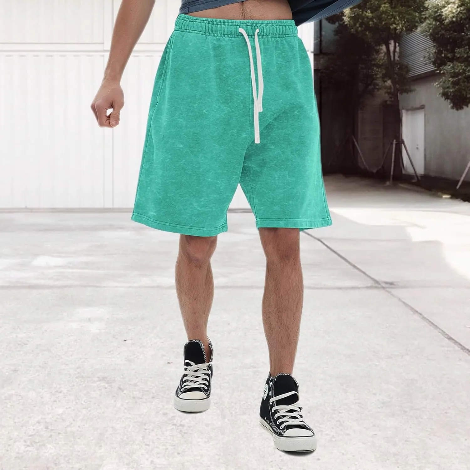 Bobeutou Mens Athletic Vintage Cotton Shorts Drawstring Summer Beach Elastic Waist Streetwear Baggy Gym Shorts with Pockets