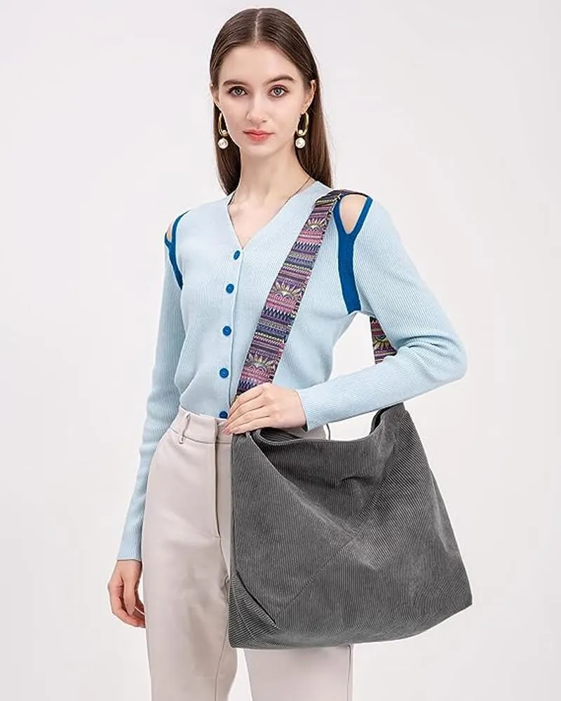 Bohemian Tote Bag Women Stylish Handbag Shoulder Bag Purse Large Crossbody Bag Corduroy Hobo Bag Carryall Daypack
