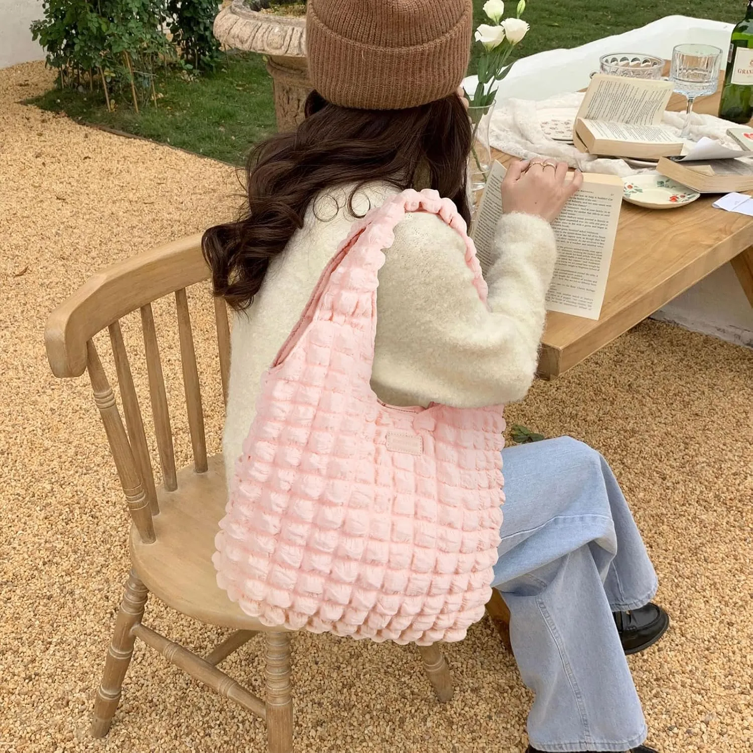 BOSTANTEN Small Puffer Bag for Women Lightweight Hobo Handbag Bubble Puffy Shoulder Purse for Travel 13" L*11" H*3.13" W