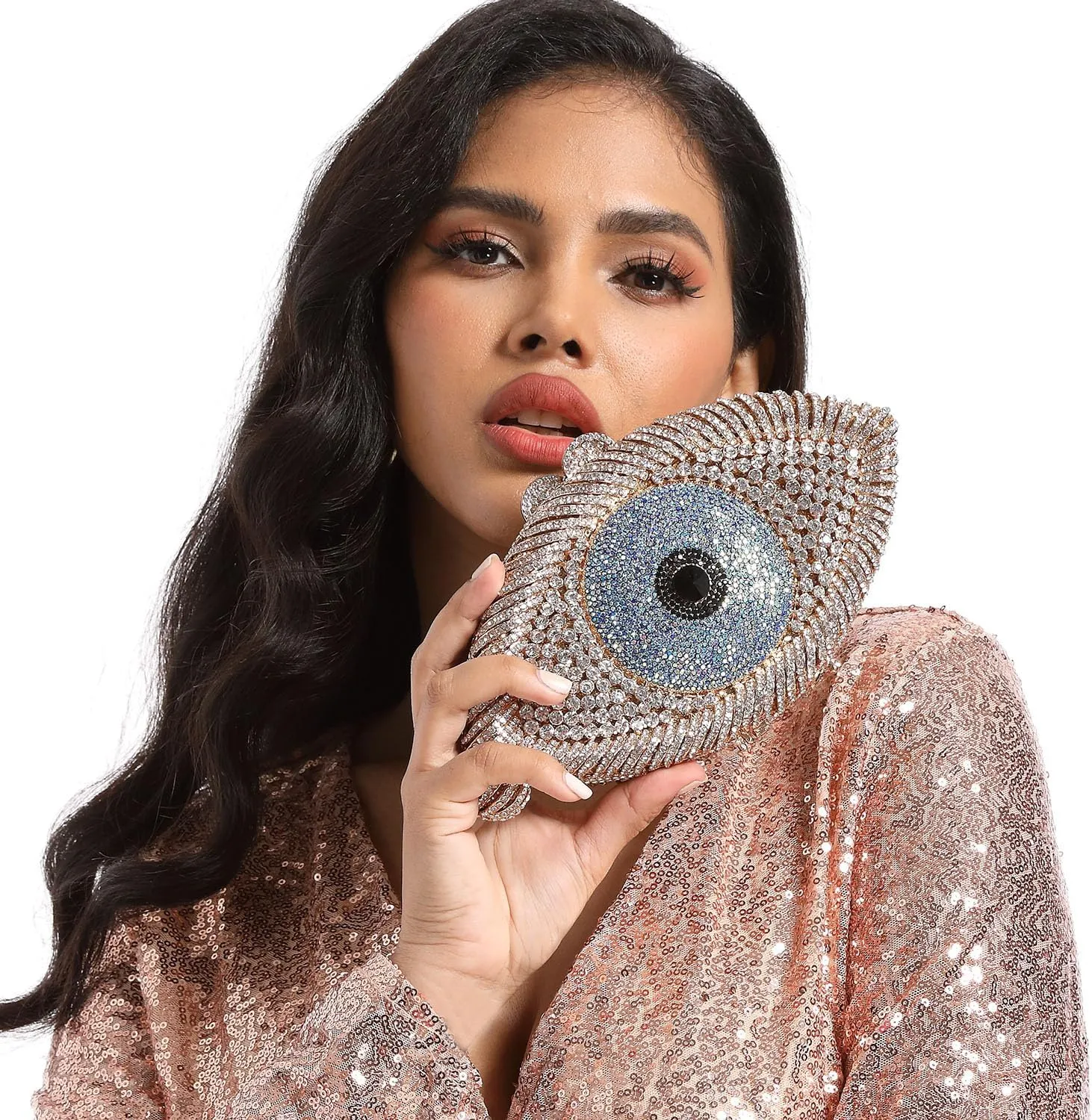 Boutique De FGG Evil Eye Clutch Purse for Women Glitter Evening Bags Crystal Clutch Party Dinner Rhinestone Handbag,Mini