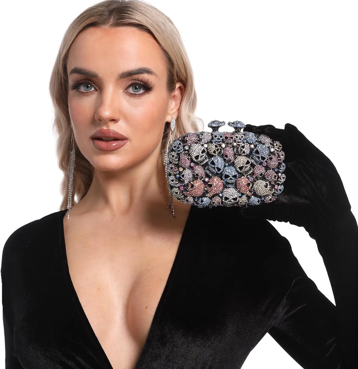 Boutique De FGG Skull Crystal Clutch Purse for Women Formal Rhinestone Clutch Evening Bag Halloween Minaudiere Handbag,Mini