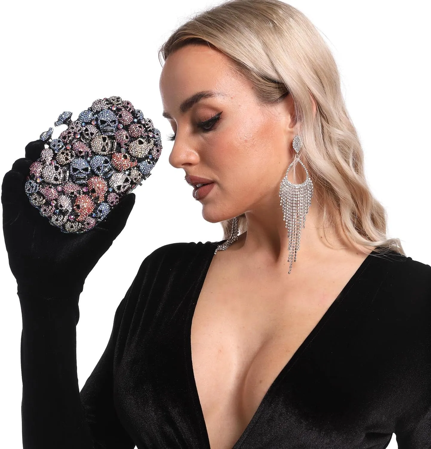Boutique De FGG Skull Crystal Clutch Purse for Women Formal Rhinestone Clutch Evening Bag Halloween Minaudiere Handbag,Mini