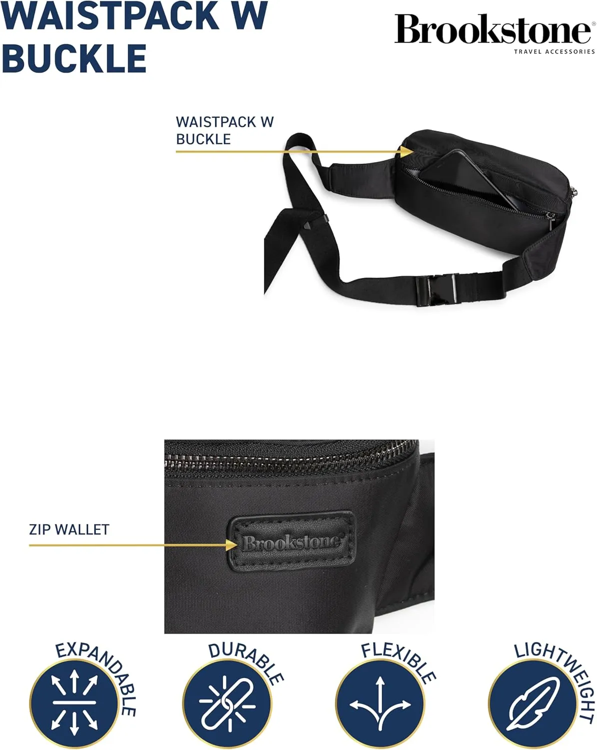 Brookstone Fanny Pack - Multi-Functional Crossbody Bag, Hands-Free Travel Waist Pack Belt Pouch for Men and Women, Black