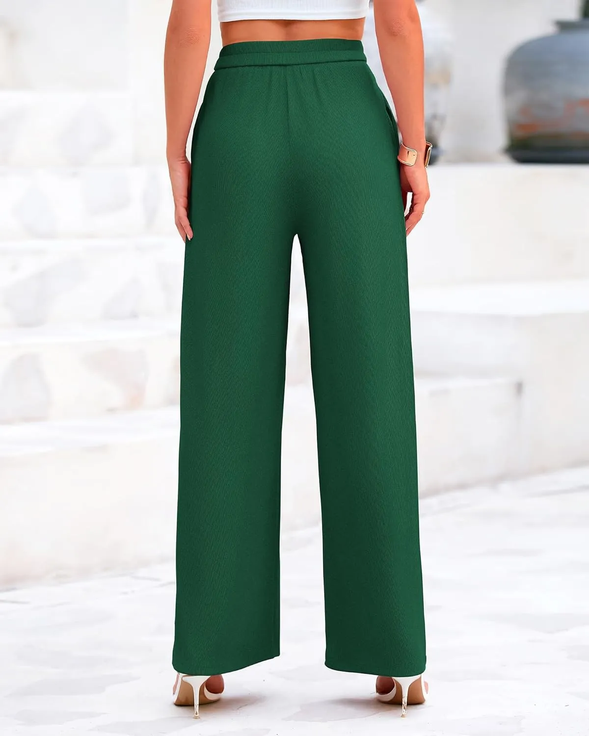 BTFBM Womens Casual Wide Leg Pants Summer Fall Clothes Pleated Elastic Waist Loose Palazzo Knit Trousers with Pockets
