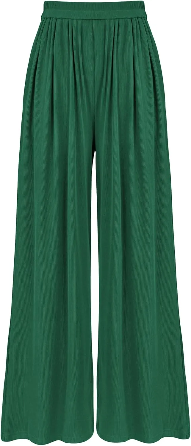 BTFBM Womens Casual Wide Leg Pants Summer Fall Clothes Pleated Elastic Waist Loose Palazzo Knit Trousers with Pockets