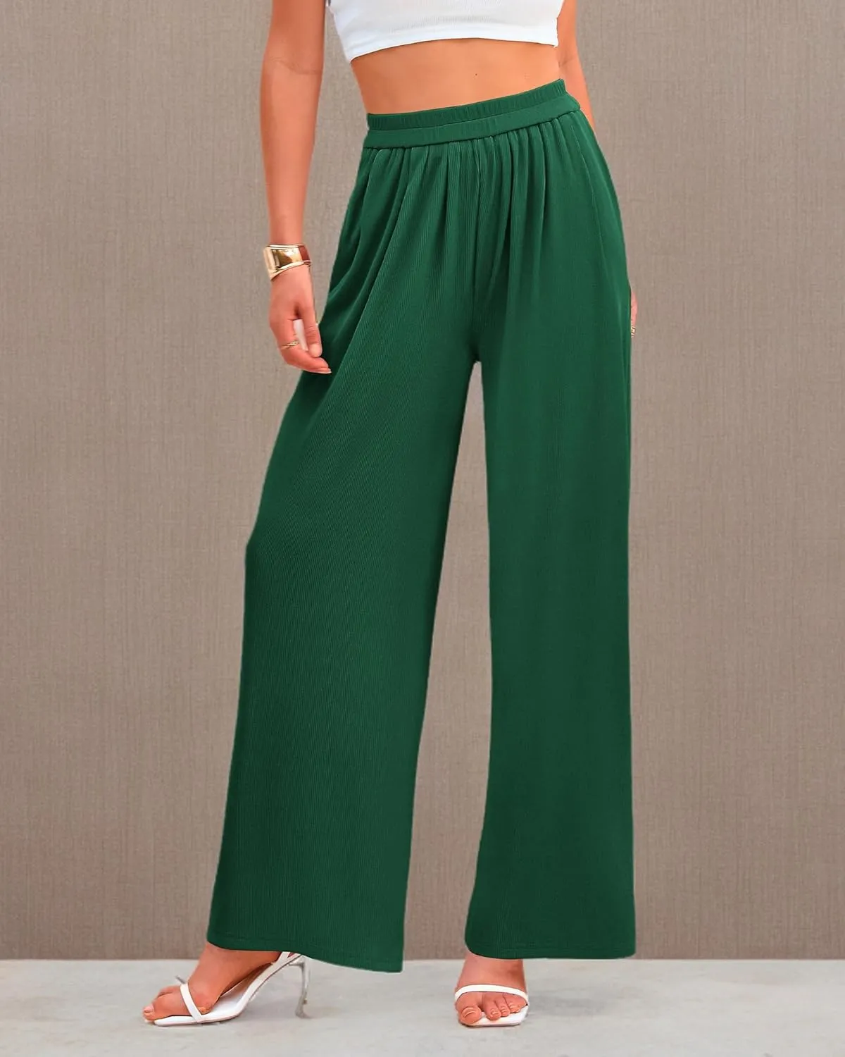 BTFBM Womens Casual Wide Leg Pants Summer Fall Clothes Pleated Elastic Waist Loose Palazzo Knit Trousers with Pockets