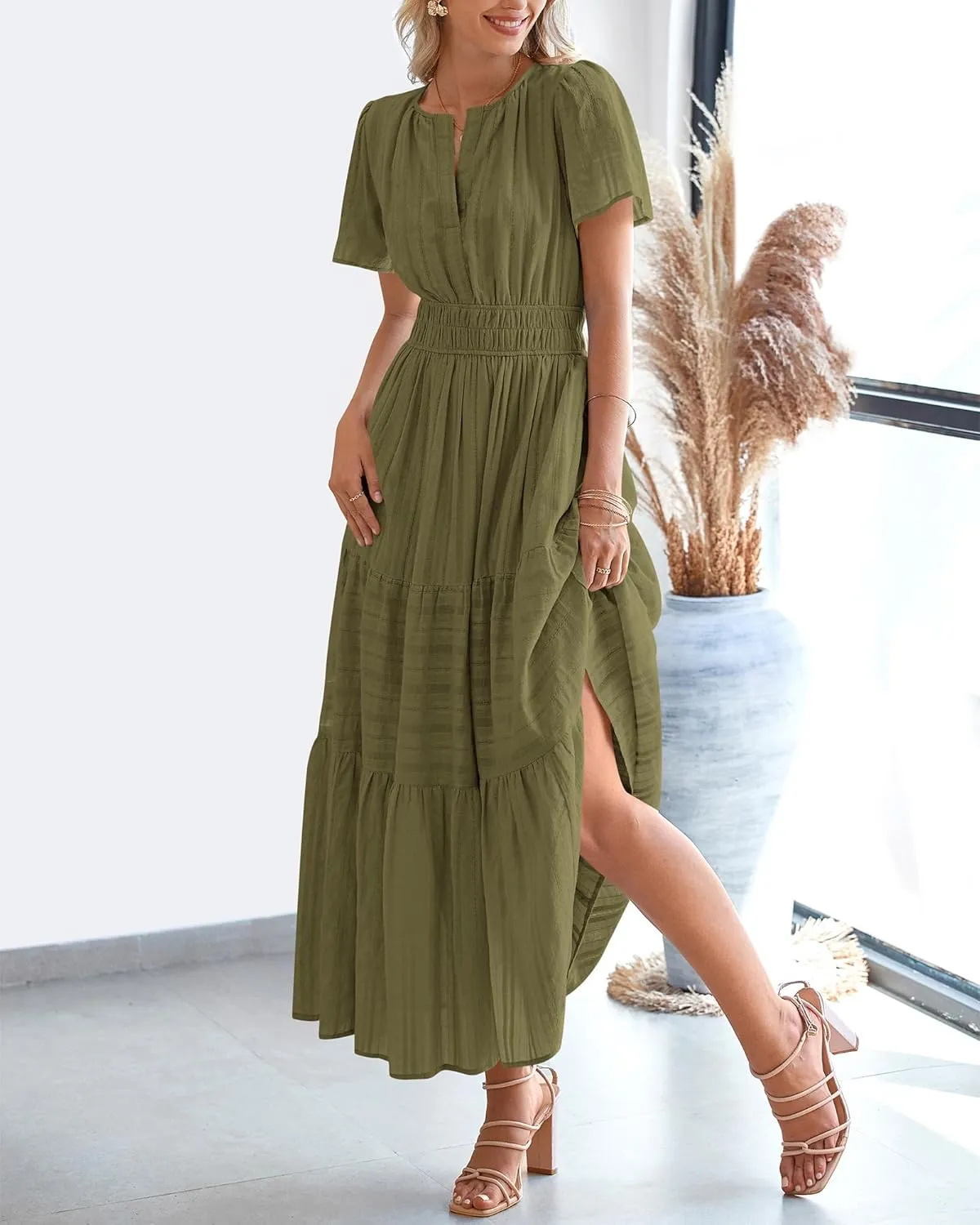 BTFBM Womens Summer 2025 Casual Midi Maxi Dresses Lightweight Short Sleeve V Neck Elastic Waist Boho Beach Dress Pockets