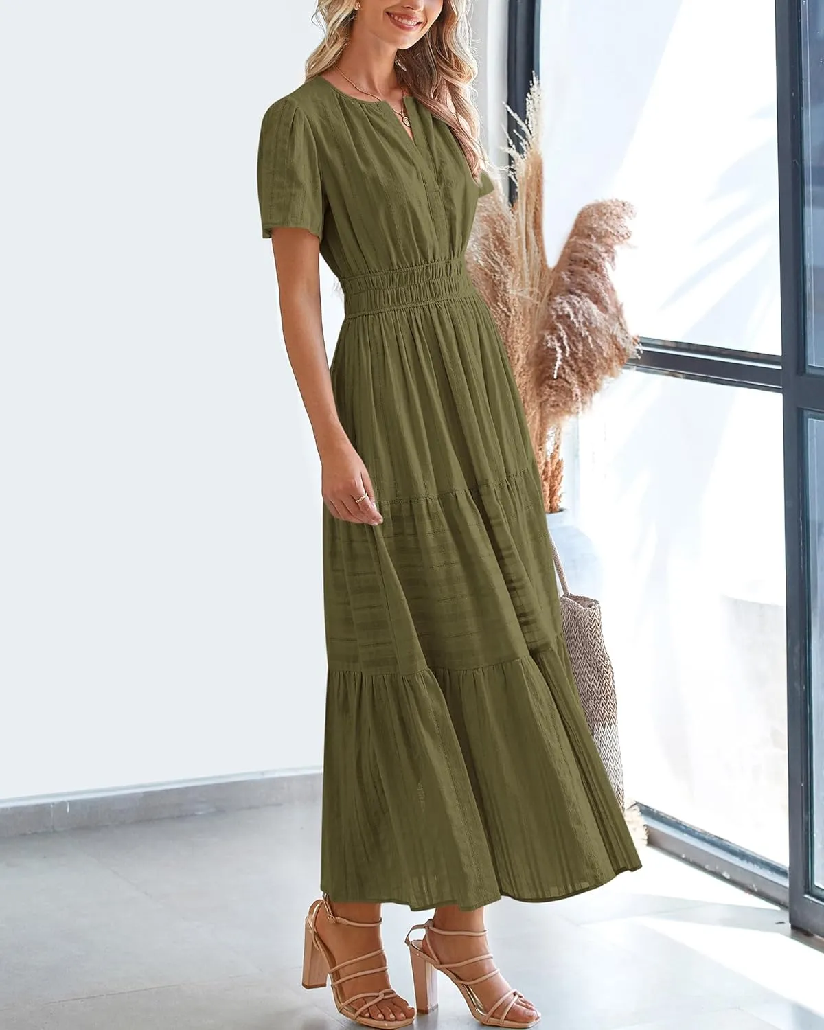 BTFBM Womens Summer 2025 Casual Midi Maxi Dresses Lightweight Short Sleeve V Neck Elastic Waist Boho Beach Dress Pockets