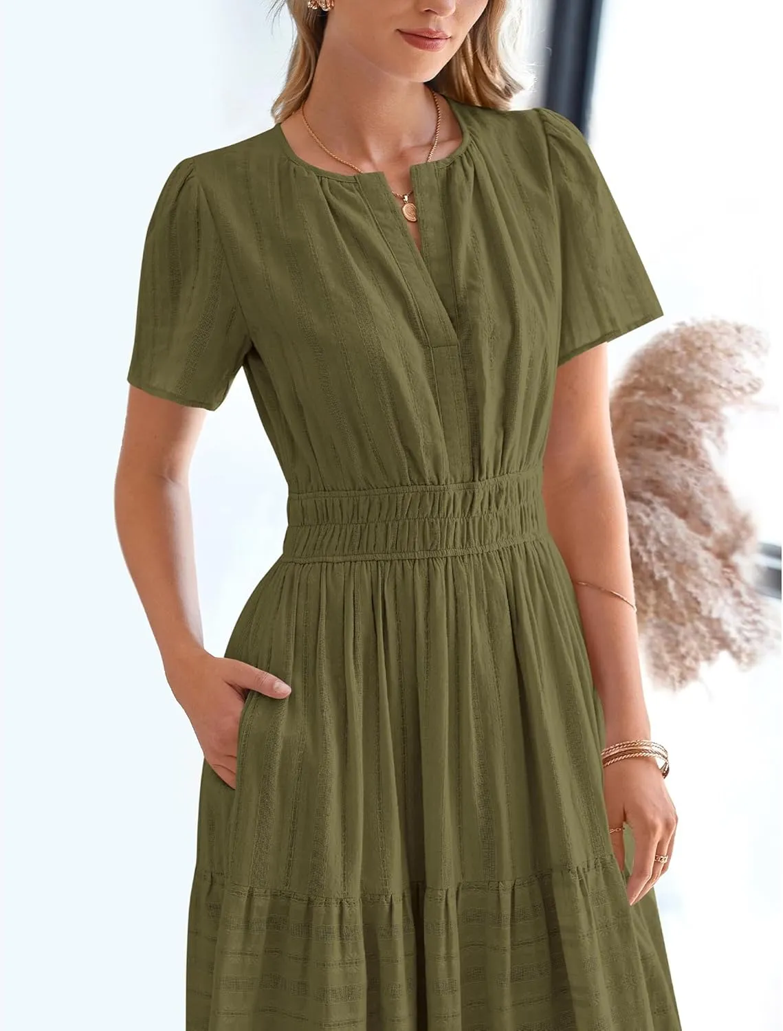 BTFBM Womens Summer 2025 Casual Midi Maxi Dresses Lightweight Short Sleeve V Neck Elastic Waist Boho Beach Dress Pockets