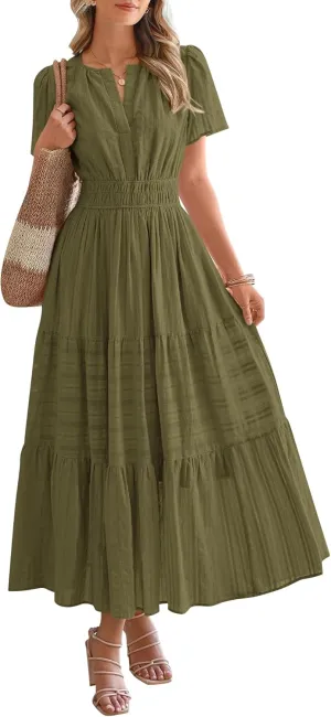 BTFBM Womens Summer 2025 Casual Midi Maxi Dresses Lightweight Short Sleeve V Neck Elastic Waist Boho Beach Dress Pockets