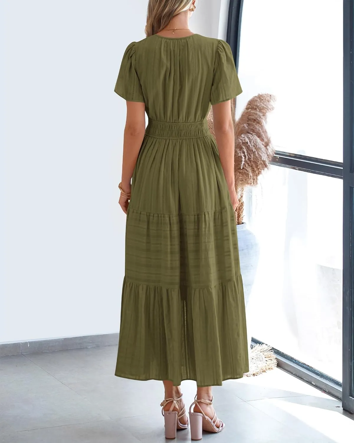 BTFBM Womens Summer 2025 Casual Midi Maxi Dresses Lightweight Short Sleeve V Neck Elastic Waist Boho Beach Dress Pockets