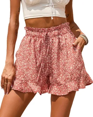 BTFBM Womens Summer Shorts 2025 Vacation Floral Belted Casual Elastic High Waist Ruffle Beach Short Lounge Pants Pockets