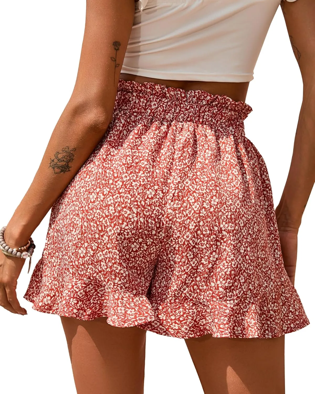 BTFBM Womens Summer Shorts 2025 Vacation Floral Belted Casual Elastic High Waist Ruffle Beach Short Lounge Pants Pockets