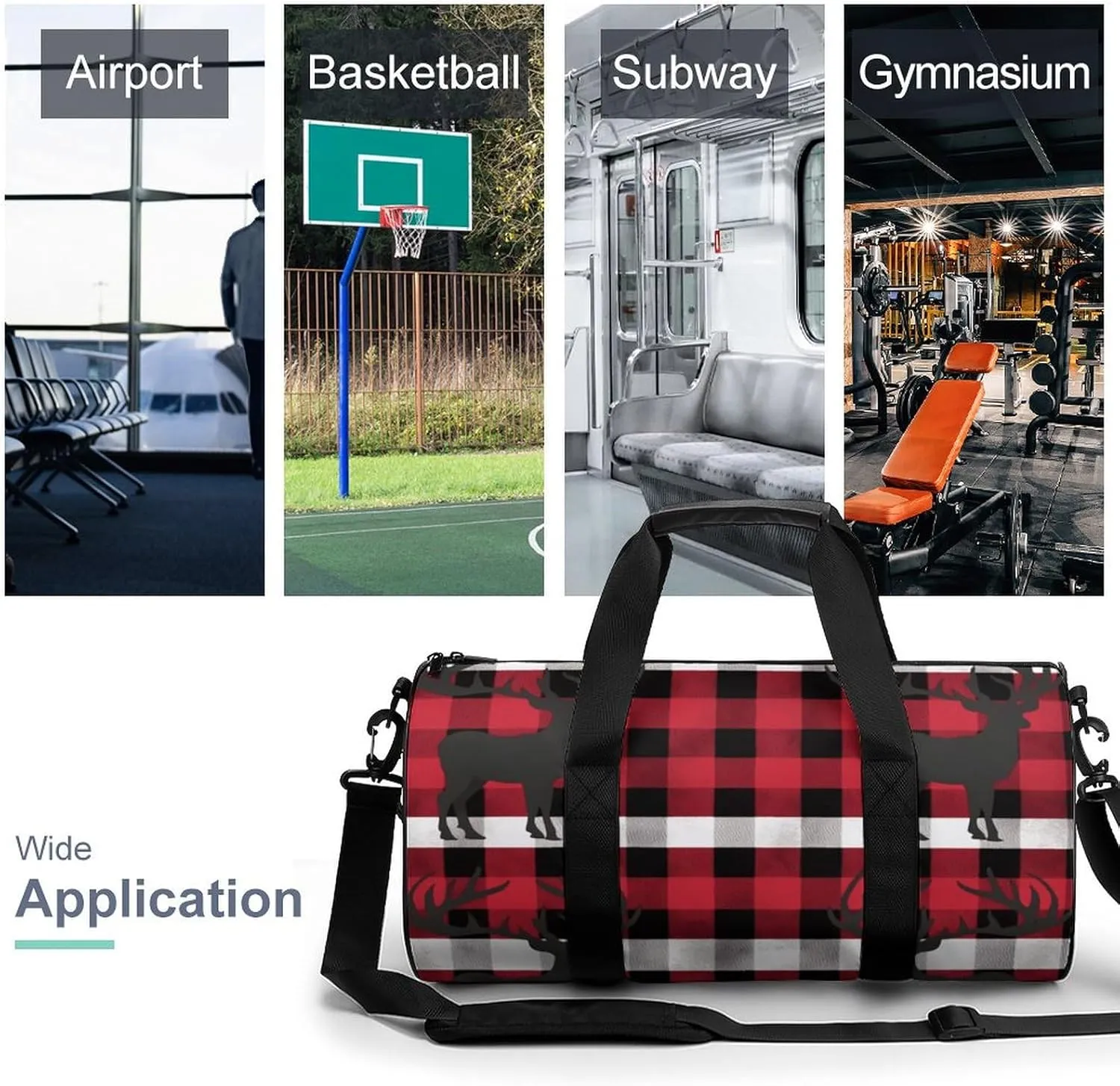 Buffalo Plaid Deer Gym Bag Small Travel Duffle Bag with Compartment Carry On Weekender Bag for Women Men