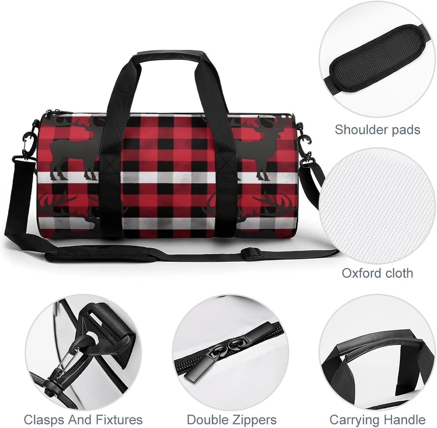 Buffalo Plaid Deer Gym Bag Small Travel Duffle Bag with Compartment Carry On Weekender Bag for Women Men