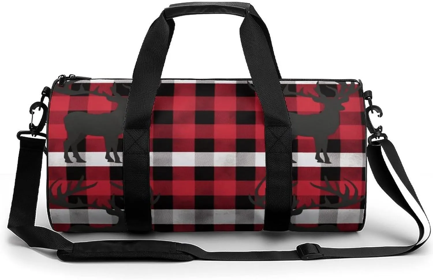 Buffalo Plaid Deer Gym Bag Small Travel Duffle Bag with Compartment Carry On Weekender Bag for Women Men