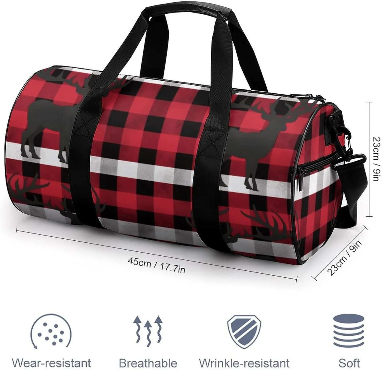 Buffalo Plaid Deer Gym Bag Small Travel Duffle Bag with Compartment Carry On Weekender Bag for Women Men