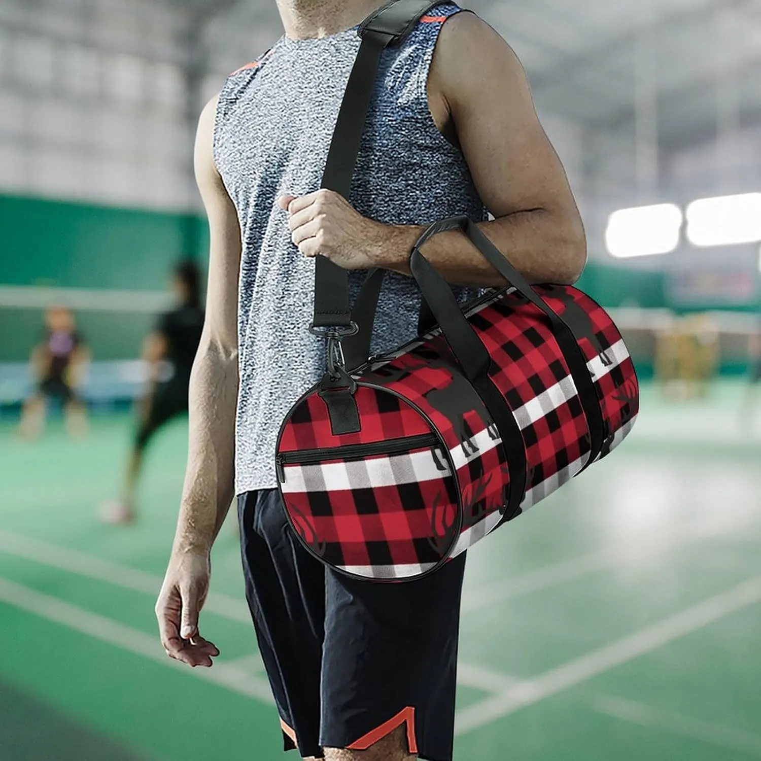 Buffalo Plaid Deer Gym Bag Small Travel Duffle Bag with Compartment Carry On Weekender Bag for Women Men