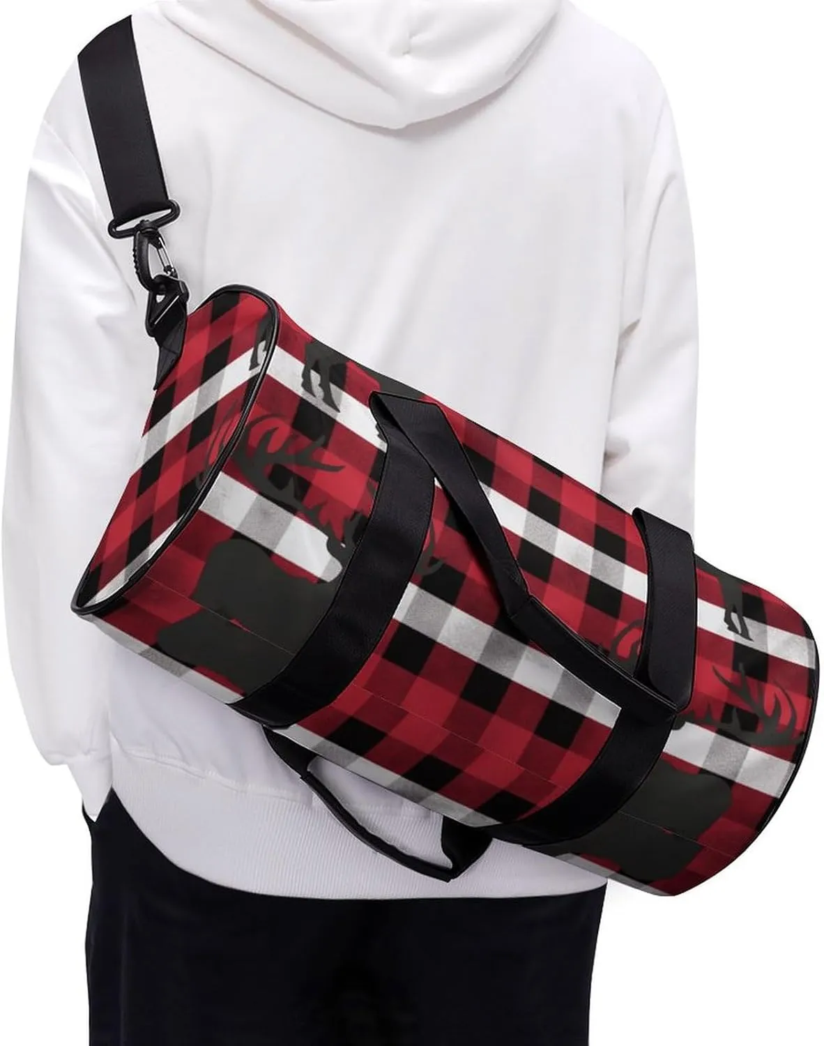 Buffalo Plaid Deer Gym Bag Small Travel Duffle Bag with Compartment Carry On Weekender Bag for Women Men
