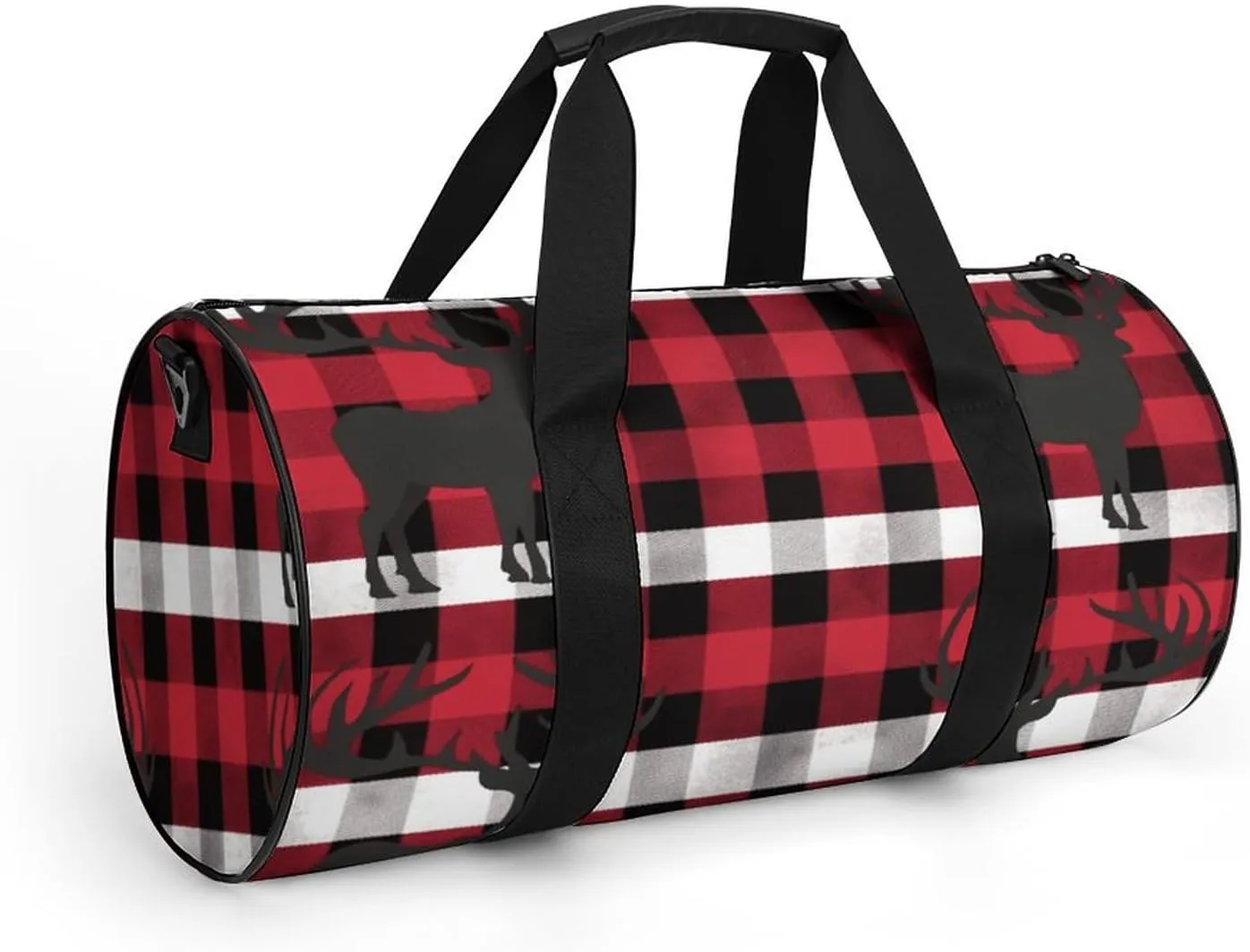 Buffalo Plaid Deer Gym Bag Small Travel Duffle Bag with Compartment Carry On Weekender Bag for Women Men