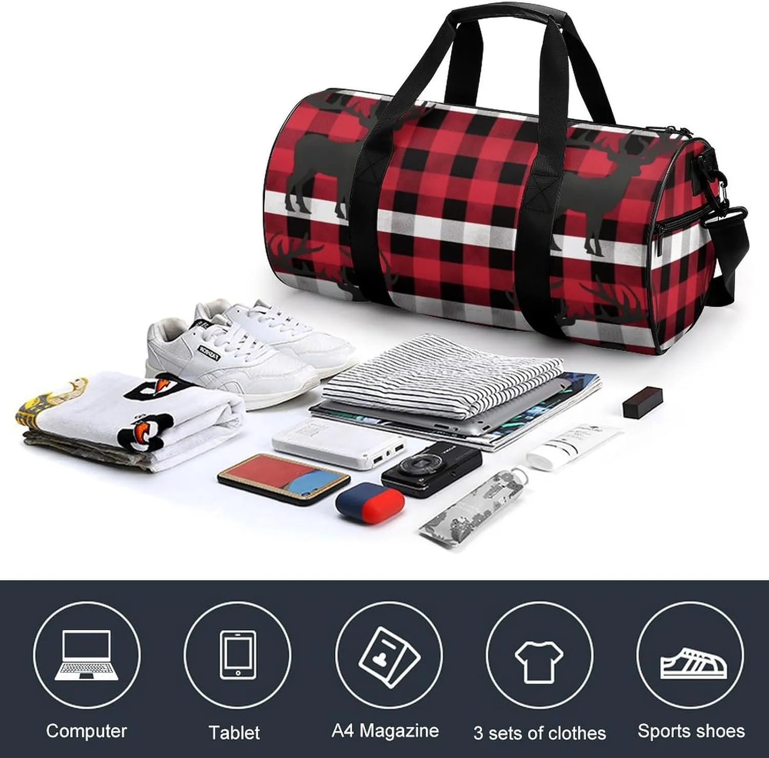 Buffalo Plaid Deer Gym Bag Small Travel Duffle Bag with Compartment Carry On Weekender Bag for Women Men