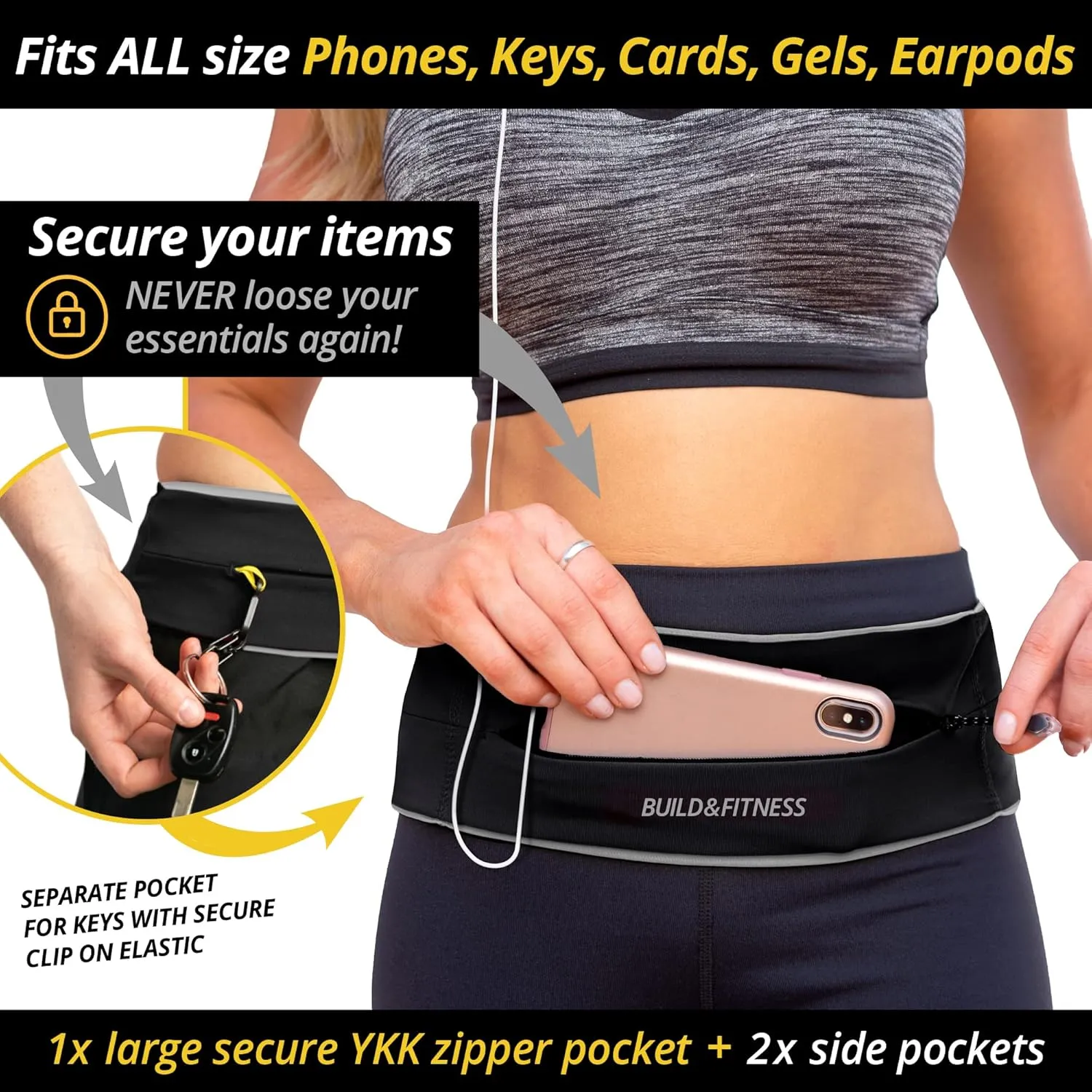BUILD & FITNESS Zipper Running Belt – Adjustable Waist Pack, Slim, Light, YKK Zip, Secure Key Clip – Fits ALL Cell Phones, Keys, Cards, GU's – For Men & Women – Fitness, Run, Jog, Gym, Cycle, Hiking