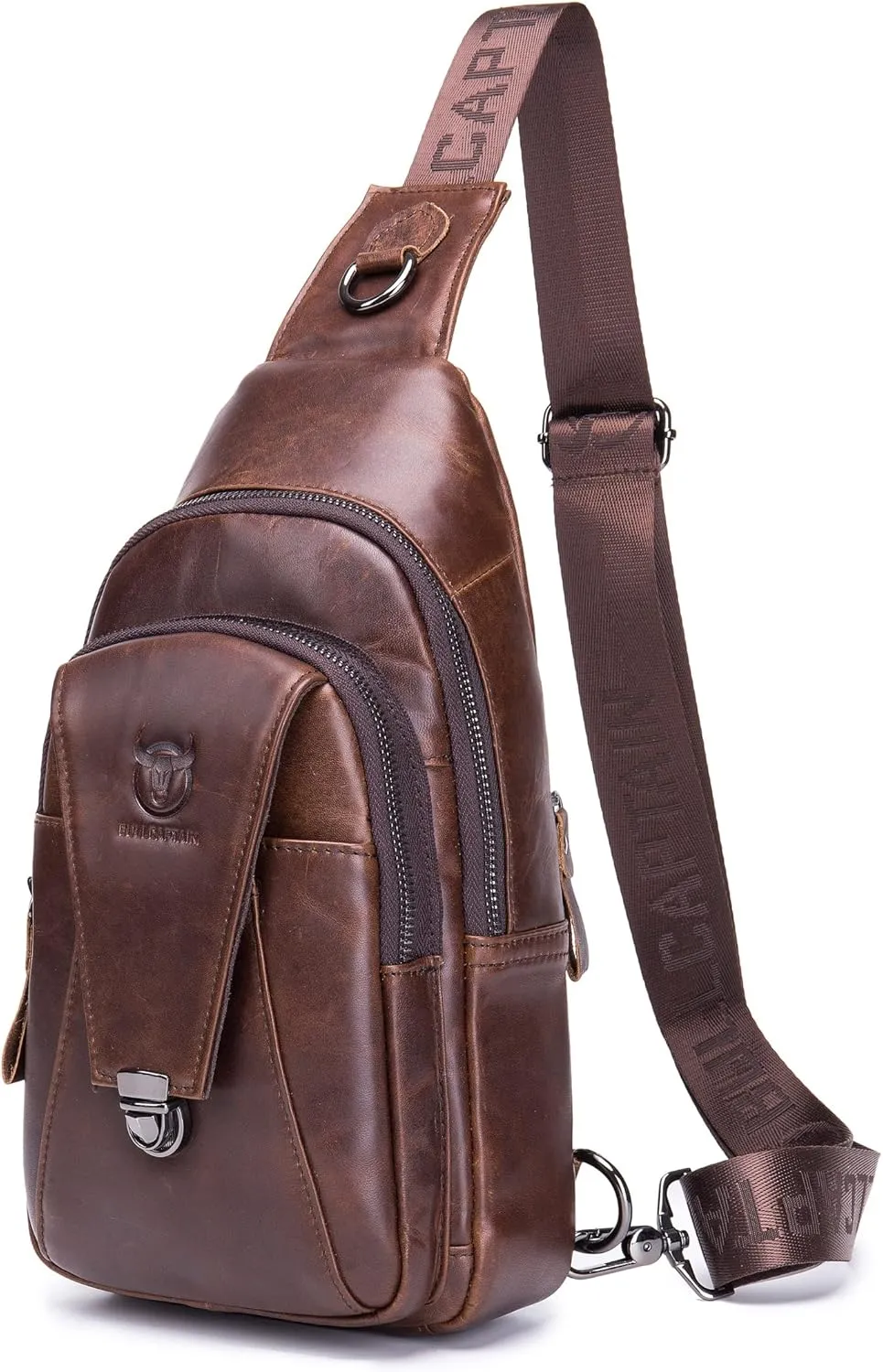 BULLCAPTAIN Leather Sling Bag for Men Multi-pocket Crossbody Chest Bag Travel Casual Shoulder Backpack