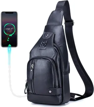 BULLCAPTAIN Men Sling Crossbody Bag with USB Charging Port Genuine Leather Shoulder Chest Bag Travel Hiking Backpack (Black)