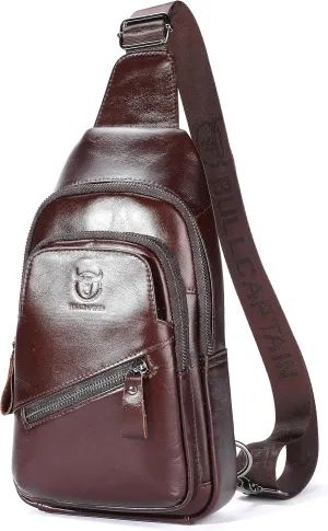BULLCAPTAIN Mens Leather Sling Bag Backpack Casual Outdoor Shoulder Crossbody Chest Bag with USB Charging Port