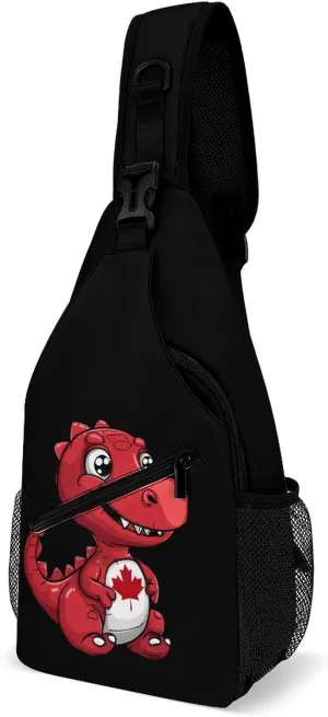 Canada Flag Funny Red Dinosaur Sling Bag for Men Women Durable Crossbody Backpack Chest Bag Daypack for Travel Hiking