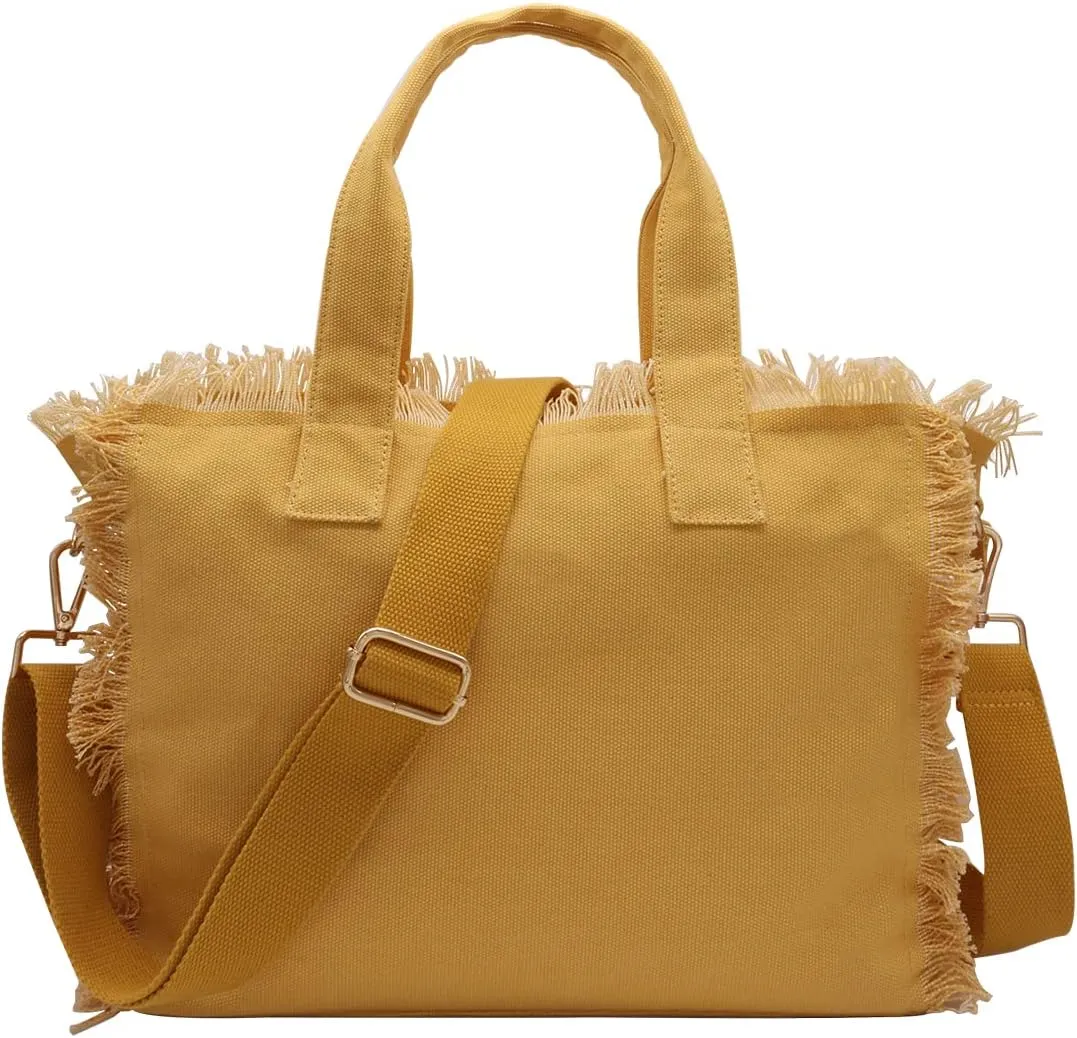 Canvas Crossbody Bag for Women Tassel Lightweight Laptop Tote Bag Simple Hobo Bag Shoulder Bag for Daily Use