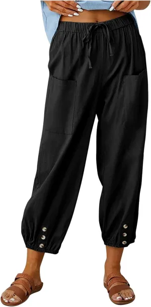 Capri Pants for Women Plus Size Loose Summer Beach Cropped Pants Vintage Waisted Drawstring Linen Capris Pants with Pockets