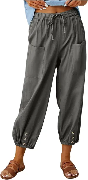 Capri Pants for Women Plus Size Loose Summer Beach Cropped Pants Vintage Waisted Drawstring Linen Capris Pants with Pockets