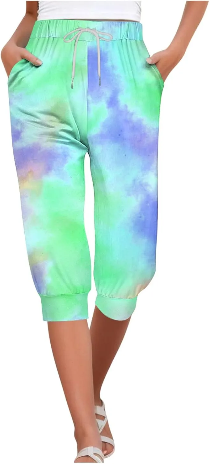 Capri Pants for Women Stretch High Waist Elastic Waist Cropped Trousers Lounge Drawstring Capri Pants with Pockets