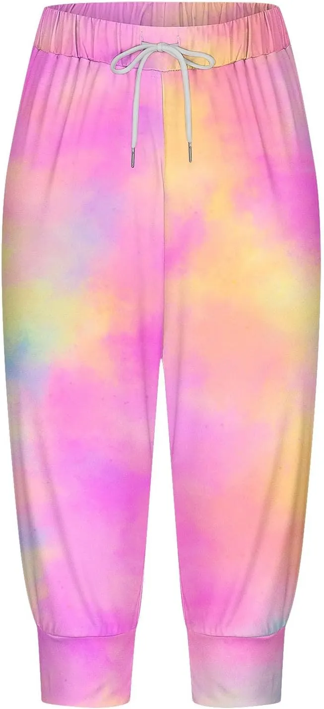 Capri Pants for Women Stretch High Waist Elastic Waist Cropped Trousers Lounge Drawstring Capri Pants with Pockets