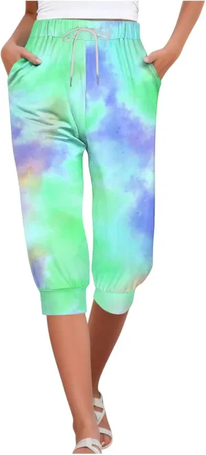 Capri Pants for Women Stretch High Waist Elastic Waist Cropped Trousers Lounge Drawstring Capri Pants with Pockets
