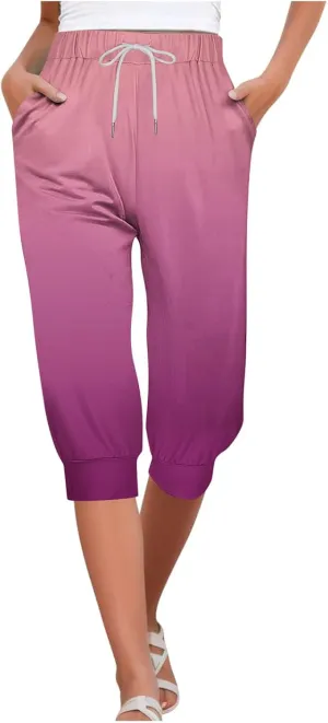 Capri Pants for Women Stretch High Waist Elastic Waist Cropped Trousers Lounge Drawstring Capri Pants with Pockets
