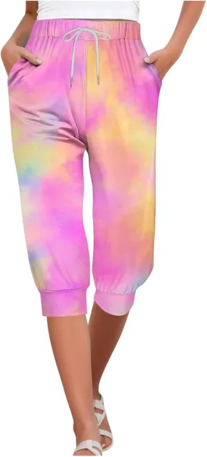 Capri Pants for Women Stretch High Waist Elastic Waist Cropped Trousers Lounge Drawstring Capri Pants with Pockets