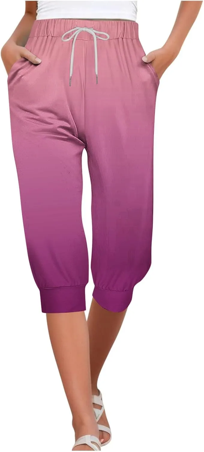Capri Pants for Women Stretch High Waist Elastic Waist Cropped Trousers Lounge Drawstring Capri Pants with Pockets