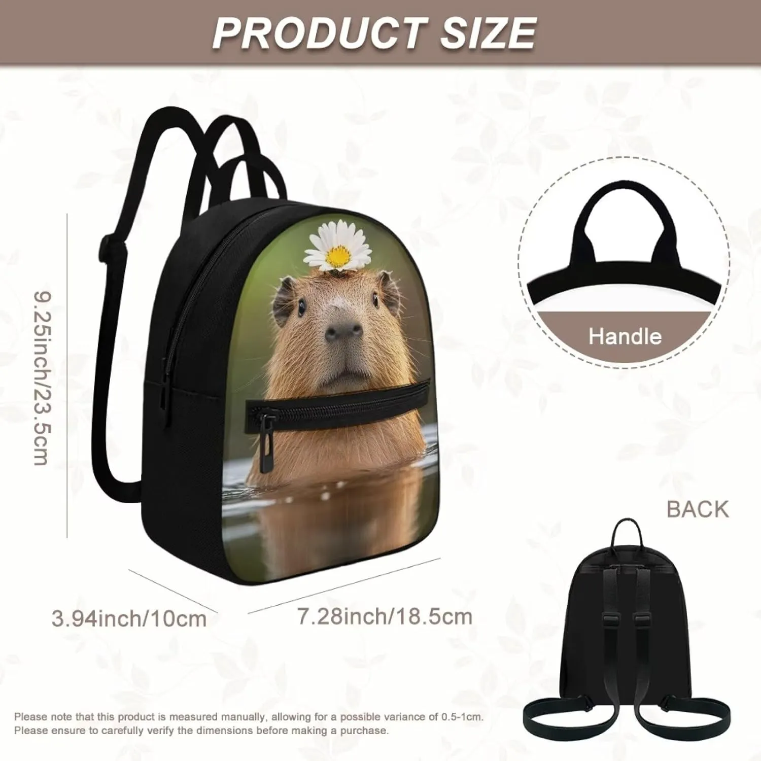 Capybara Floral Women Fashion Backpack, Polyester Daypack with Zippers, Compact Shoulder Bag Non-Waterproof Lightweight